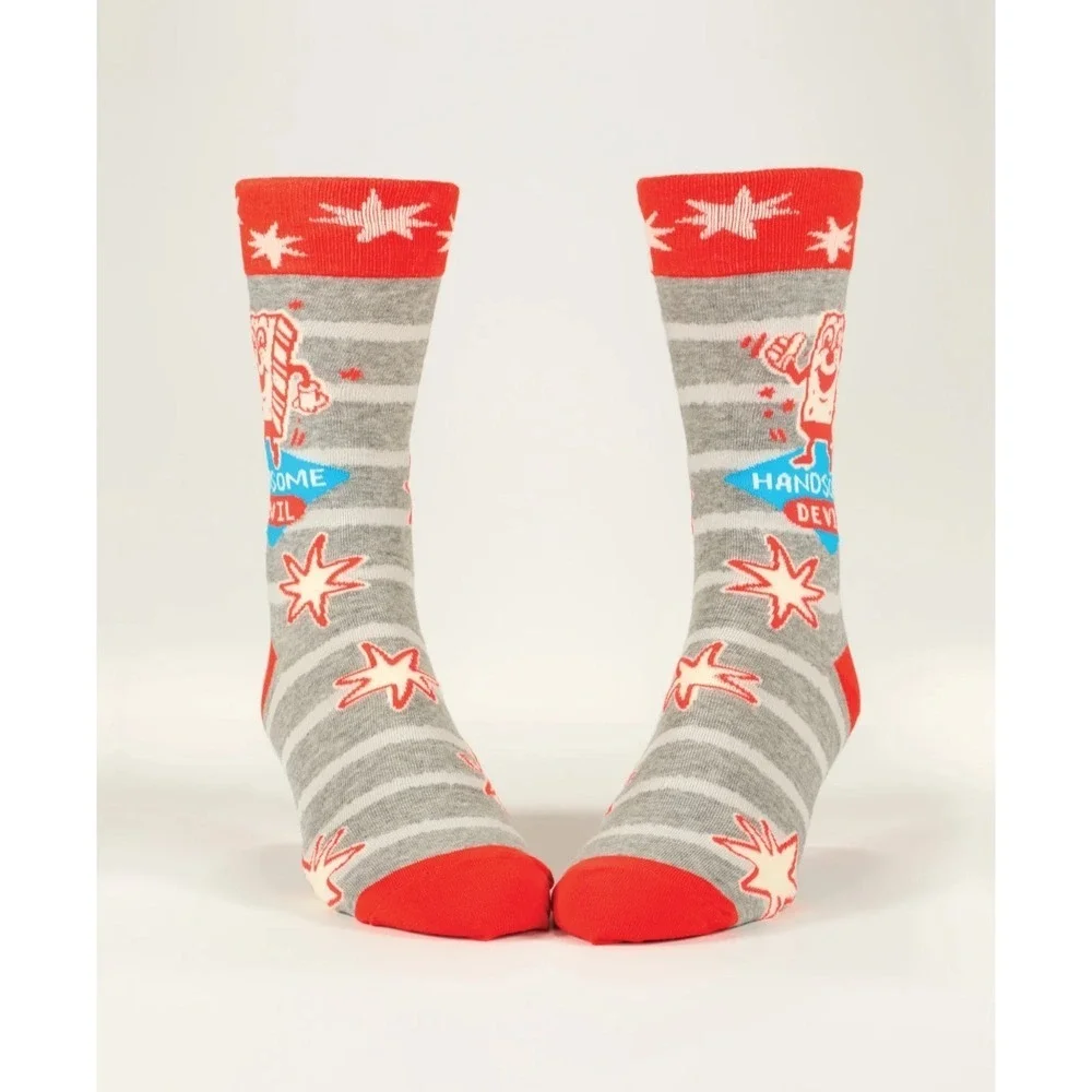 NWT Blue Q Mens Socks Handsome Devil Grey Red Striped Retro Graphic Novelty